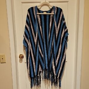 157 POL Blue and Black Knit Poncho